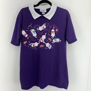 Vtg Women’s Large Cat Lady Collared Tshirt Colorful  Boho Grunge Purple Kittens